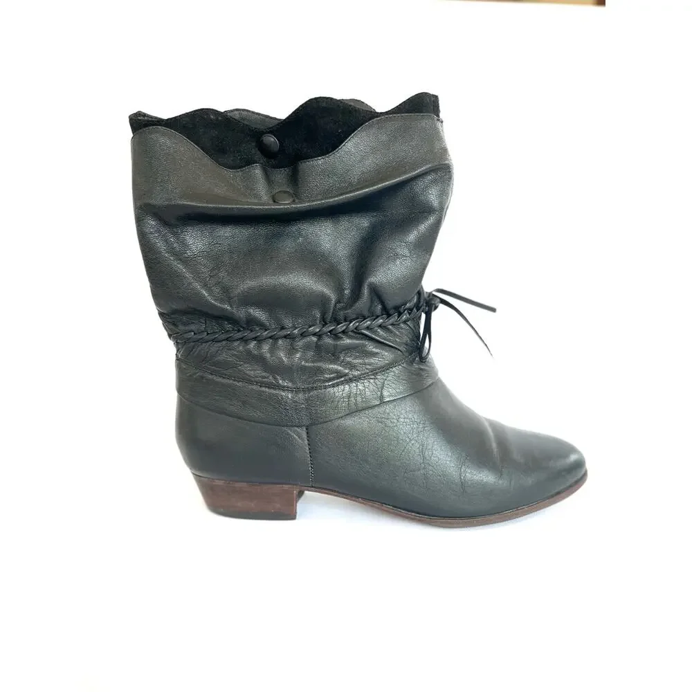 Women's Black Leather Slouch Ankle Booties with Braided Tie